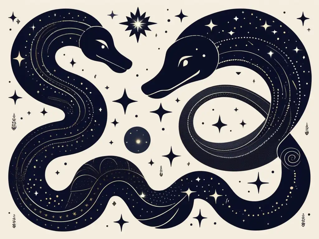 Serpiente celeste en la mitología mesoamericana Interpretación antigua del universo mediante tradición oral: constelaciones de serpiente en cielo estrellado, figuras mesoamericanas en primer plano