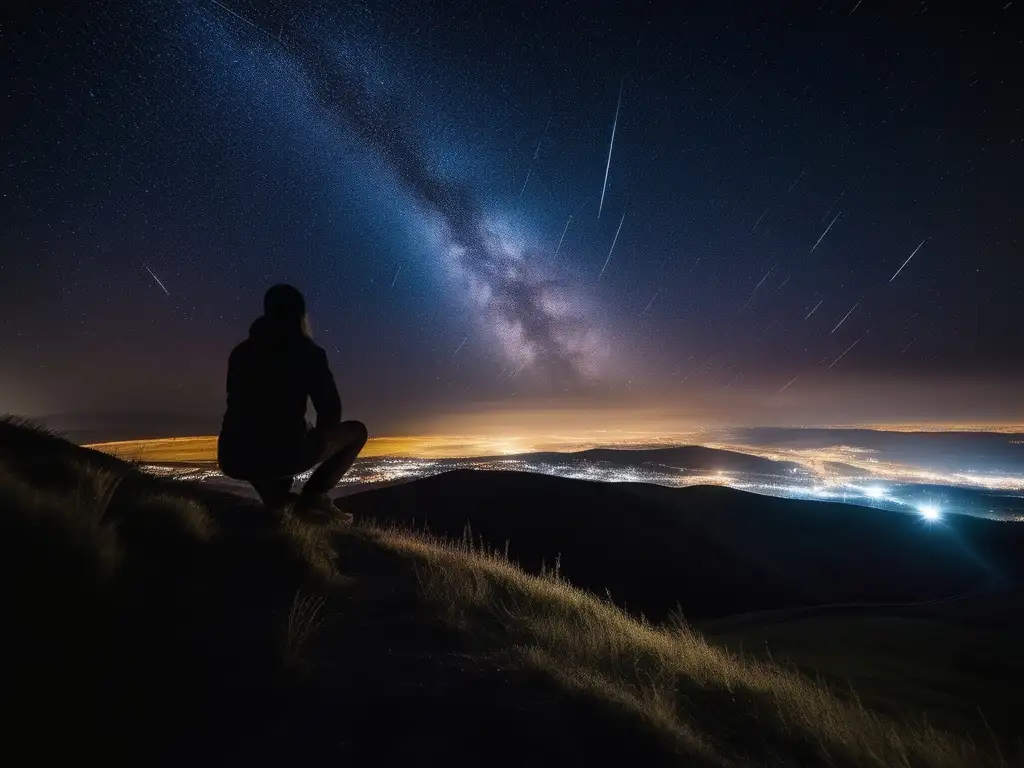 Observador solitario contempla meteoros Consejos para observar meteoros: Imagen 8k detallada muestra observador solitario con telescopio