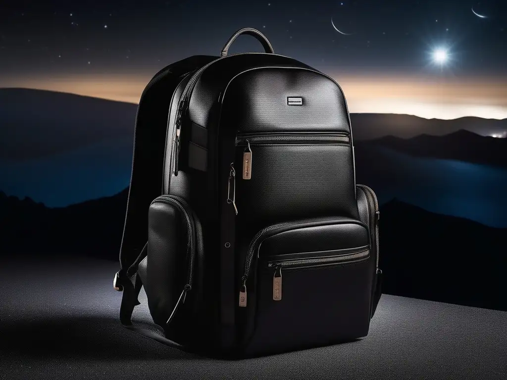 Mochila negra moderna para observación astronómica Equipaje esencial observación astronómica: Mochila negra elegante y resistente, ideal para organizar equipamiento astronómico
