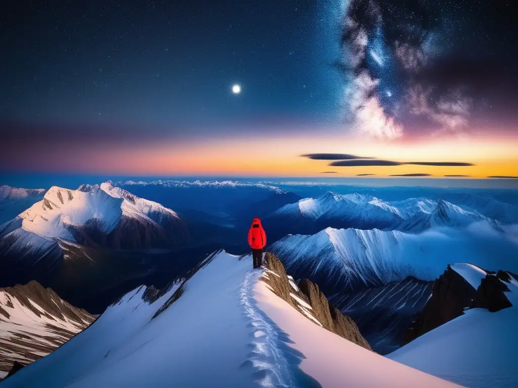 Majestuosa montaña nocturna Consejos para viajes astronómicos de altura: montañas nevadas, cielo estrellado y soledad