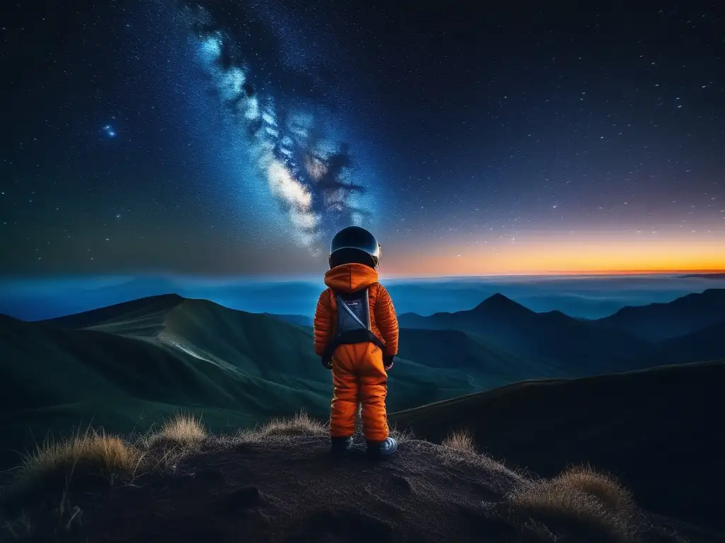 Niño admirando la galaxia Niño en traje espacial maravillado por las estrellas y galaxias en la montaña - Actividades educativas astronómicas para niños