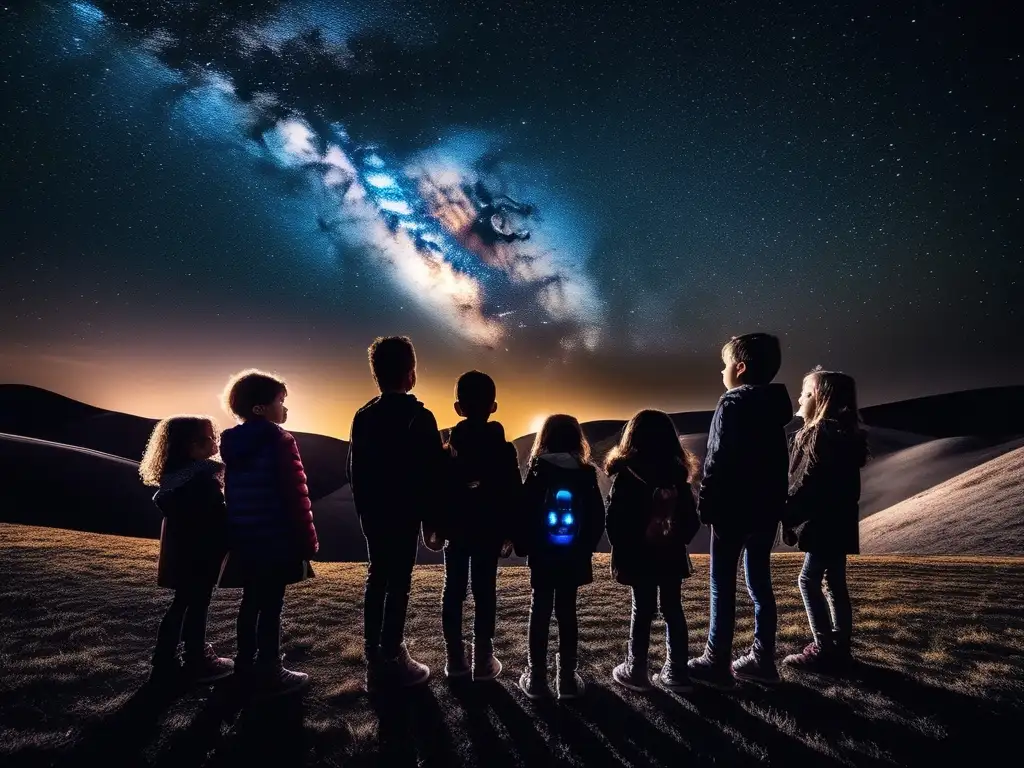 Niños maravillados bajo el cielo estrellado Beneficios viaje astronómico niños, maravilla celeste
