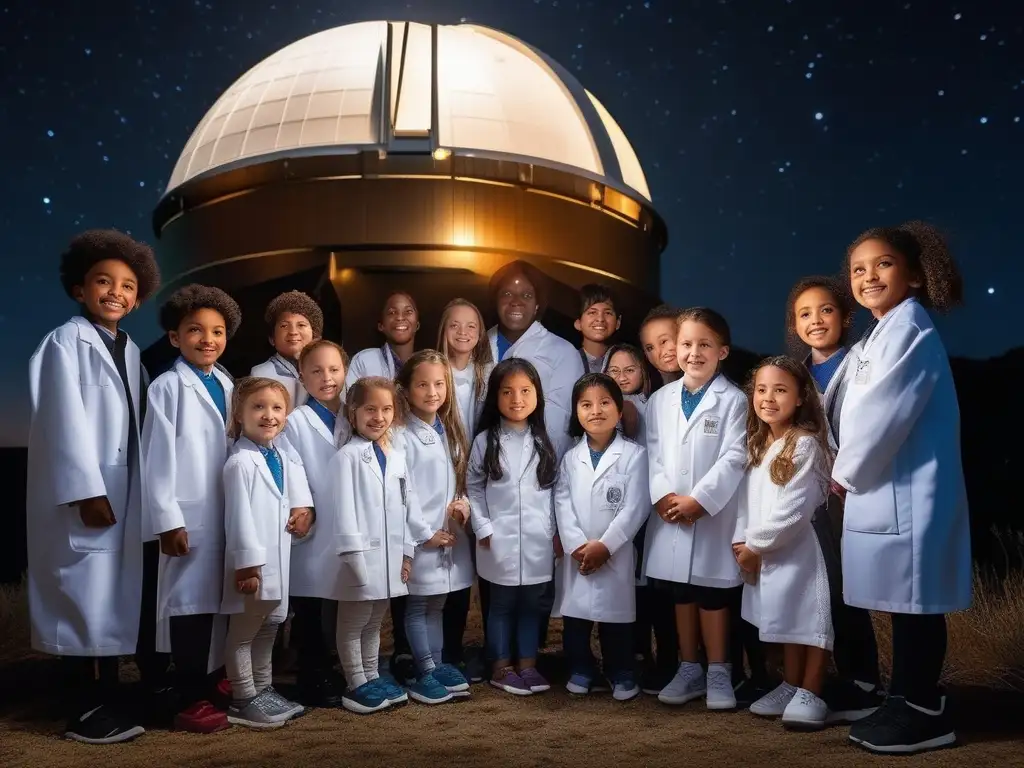Niños observando estrellas en observatorio Programas educativos inclusivos turismo astronómico: Niños curiosos en observatorio con telescopio 8k, rodeados de estrellas y luna