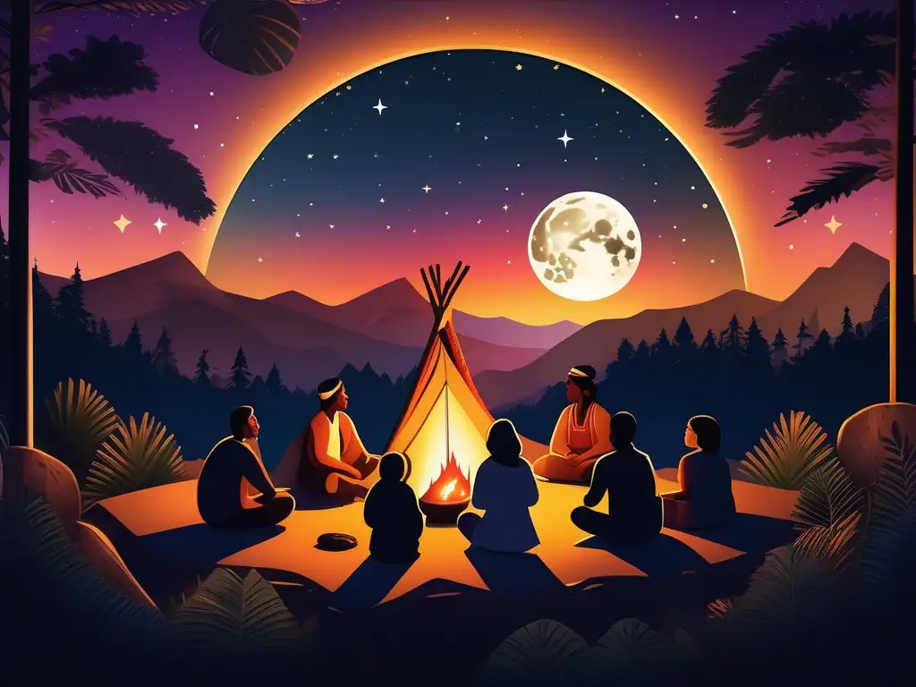 Noche estrellada: Indígenas cuentacuentos bajo la luna llena Leyendas astronómicas orales: Indígenas cautivados por la noche estrellada, compartiendo tradiciones alrededor del fuego en la selva exuberante