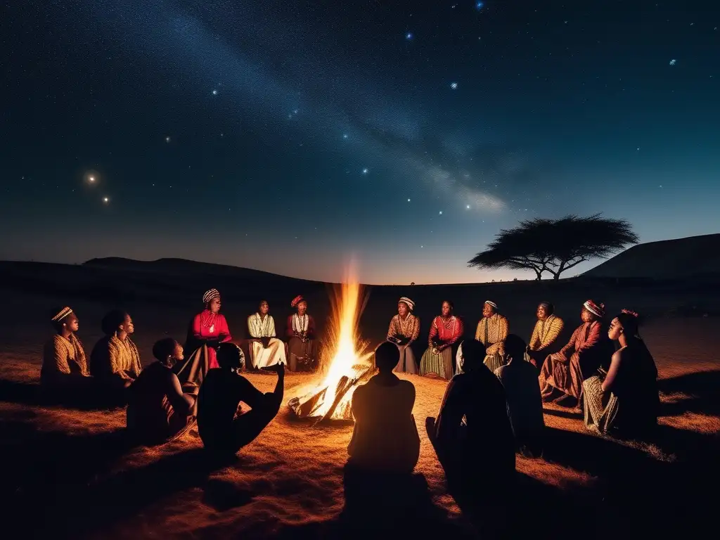 Cielo estrellado y tradiciones africanas Interpretación fenómenos astronómicos culturas indígenas africanas: Noche estrellada con africanos alrededor de una hoguera