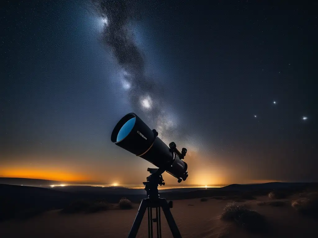 Noche estrellada con telescopio moderno Paisaje celeste fascinante con estrellas y galaxias en 8k