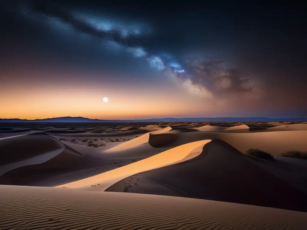 Desierto estrellado: noche serena y mística Leyendas estelares y astronomía ancestral en un paisaje nocturno minimalista y moderno con cielo estrellado y desierto sereno