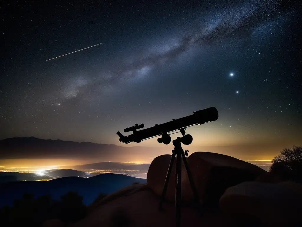 Noche estrellada en la Sierra de la Estrella Travesía astronómica Sierra Estrella: Noche estrellada con telescopio moderno, constelaciones y montañas enmarcando la escena