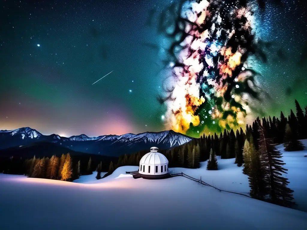 Noche estrellada: montañas, constelaciones y un observatorio Panorama nocturno impresionante con montañas prístinas y cielo estrellado