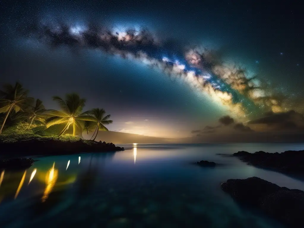 Noche estrellada en Polinesia Cielo nocturno en Polinesia, estrellado y sereno, con vista panorámica al océano
