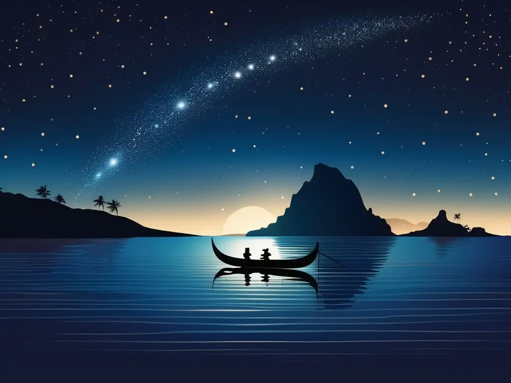 Navegación estelar en Polinesia Turismo astronómico Polinesia ancestral en una imagen mágica de cielo estrellado, constelaciones iluminadas y navegación celestial