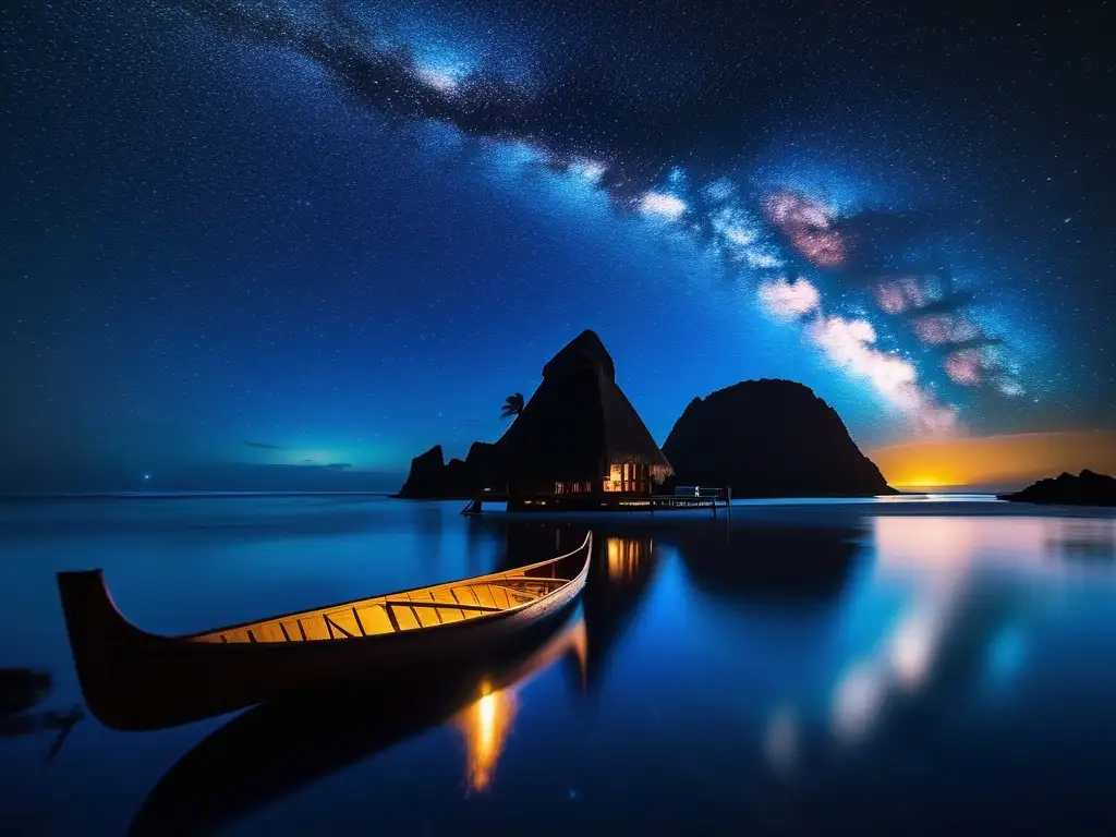 Noche estrellada sobre islas polinesias Paisaje nocturno estrellado en Polinesia ancestral: turismo astronómico (110 caracteres)