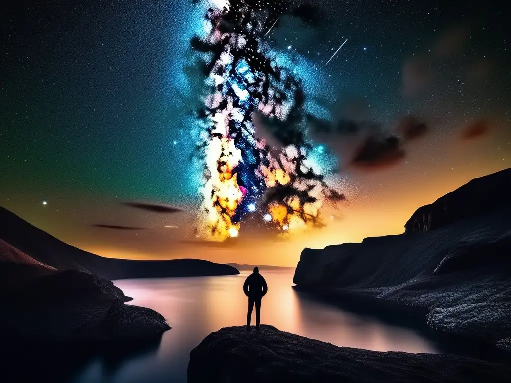 Noche estrellada: figura silueteada contempla la majestuosidad del cielo Noche estrellada con figura silueteada mirando la Vía Láctea: Mejores técnicas astrofotografía larga exposición