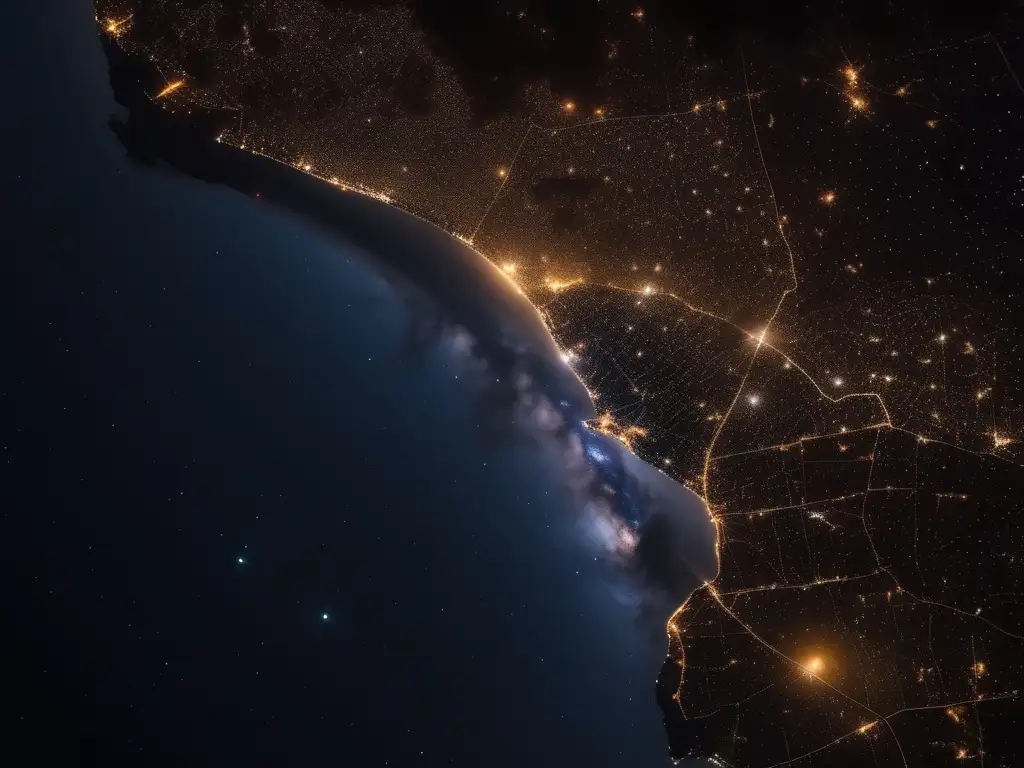 Noche estrellada sobre Ciudad de Conakry, Guinea Destino astronómico Guinea: cielo nocturno estrellado y ciudad iluminada