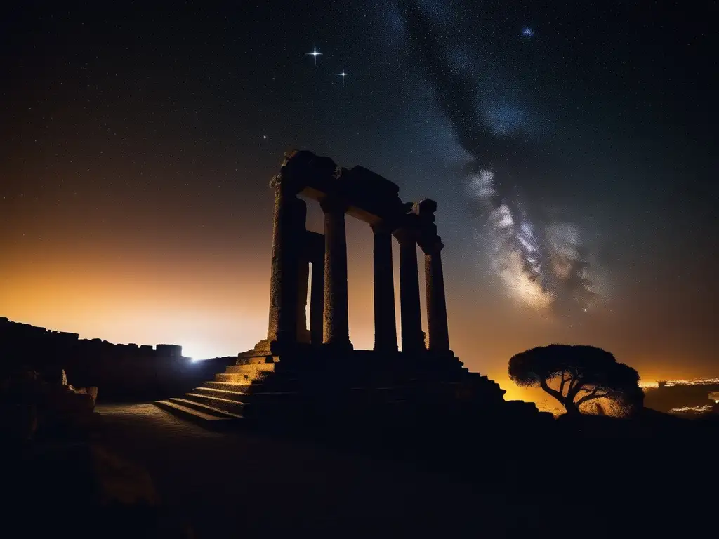 Astronomía antigua y estrellas Turismo astronómico en la antigüedad: Ruinas antiguas y cielo estrellado con telescopio minimalista