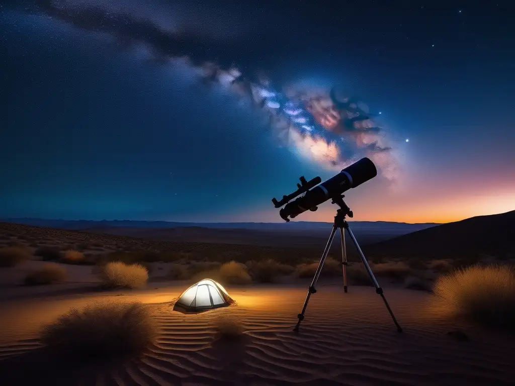 Paisaje desértico al atardecer con telescopio Lecciones de sostenibilidad en viajes astronómicos: paisaje desértico sereno al atardecer con telescopio minimalista y accesorios eco