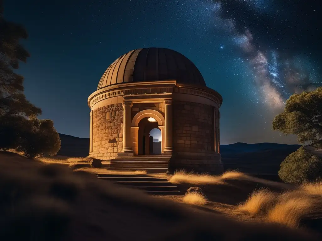 Observatorio estelar antiguo iluminado Turismo astronómico en la antigüedad: Observatorio de piedra con cielo estrellado y la Vía Láctea, evocando maravilla y curiosidad