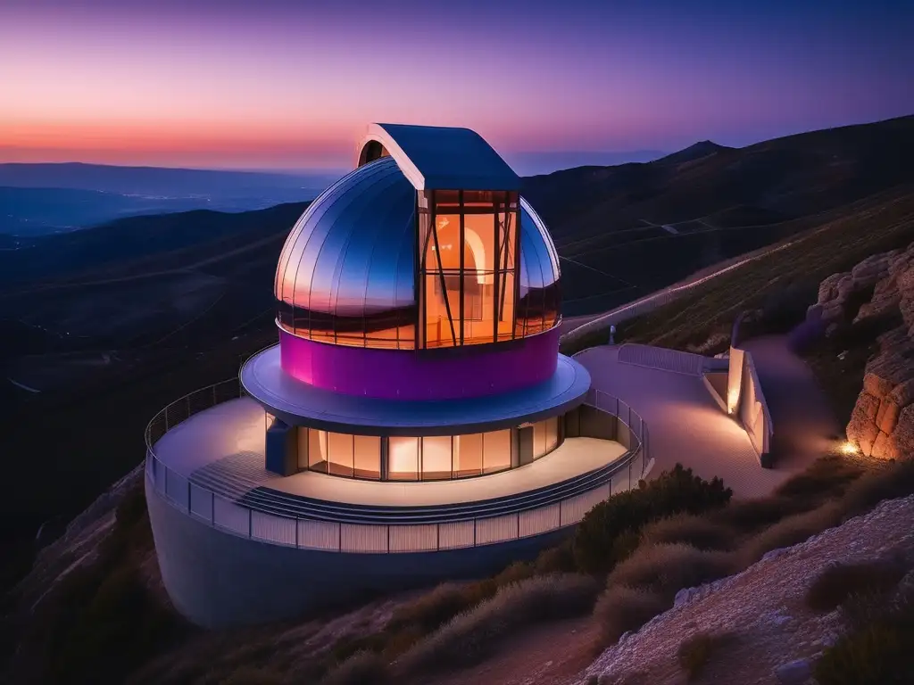 Calar Alto Observatory al atardecer Experiencia Observatorio Calar Alto España: Observatorio moderno y sereno en paisaje andaluz con cielo vibrante