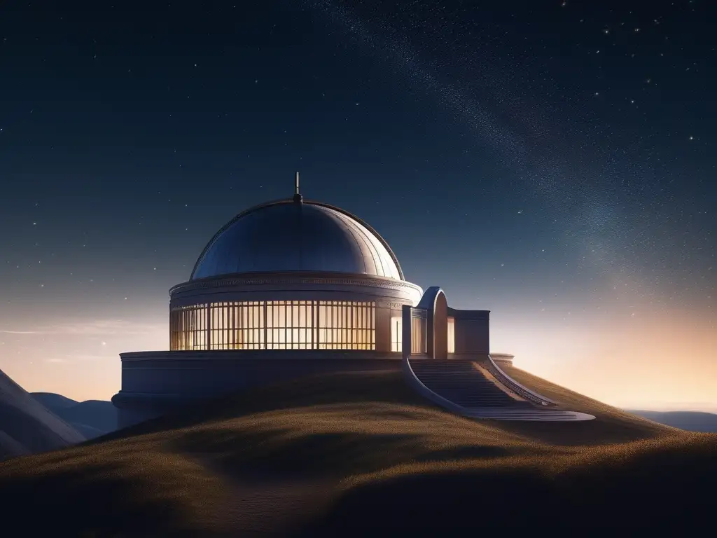 Observatorio antiguo bajo cielo estrellado Turismo astronómico en la antigüedad: observatorio antiguo bajo el cielo estrellado, con detalles arquitectónicos y constelaciones