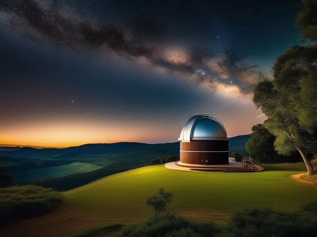 Turismo astronómico en zonas rurales: Observatorio en paisaje estrellado con telescopios y naturaleza exuberante