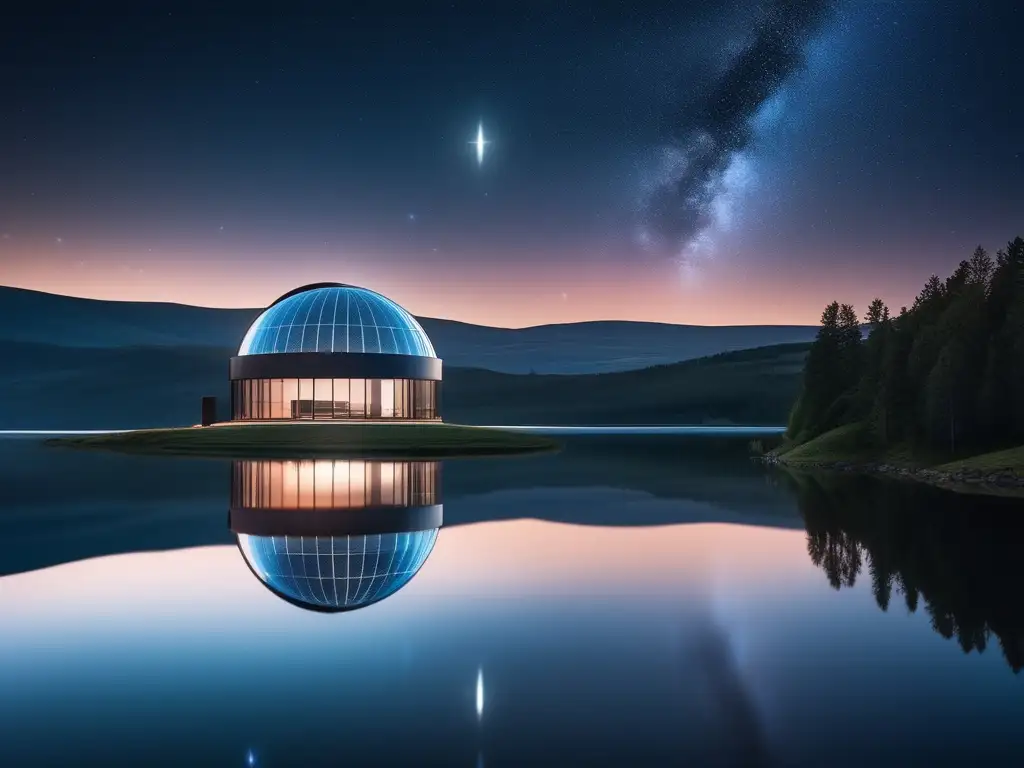 Un observatorio moderno con un cielo estrellado Turismo astronómico: destinos estelares y consejos - Observatorio moderno en un paisaje sereno con cielo estrellado y la Vía Láctea en colores vivos