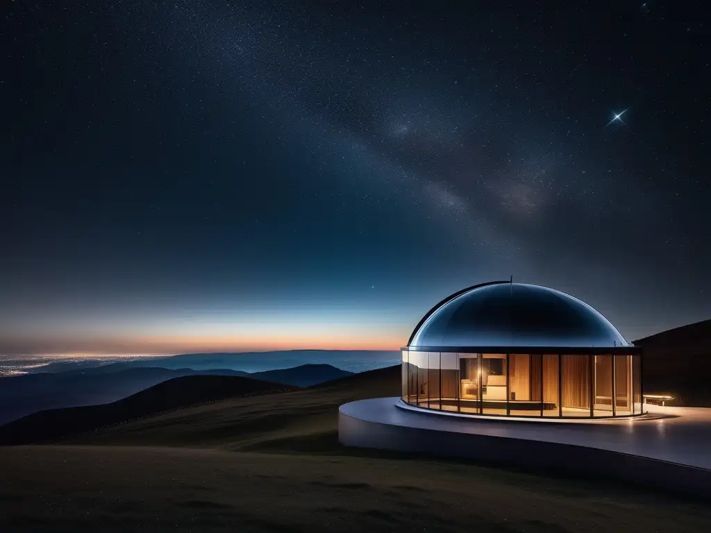 Observatorio moderno en paisaje estelar Turismo astronómico sostenible en moderno observatorio rodeado de paisaje pintoresco, estrellas y admiradores