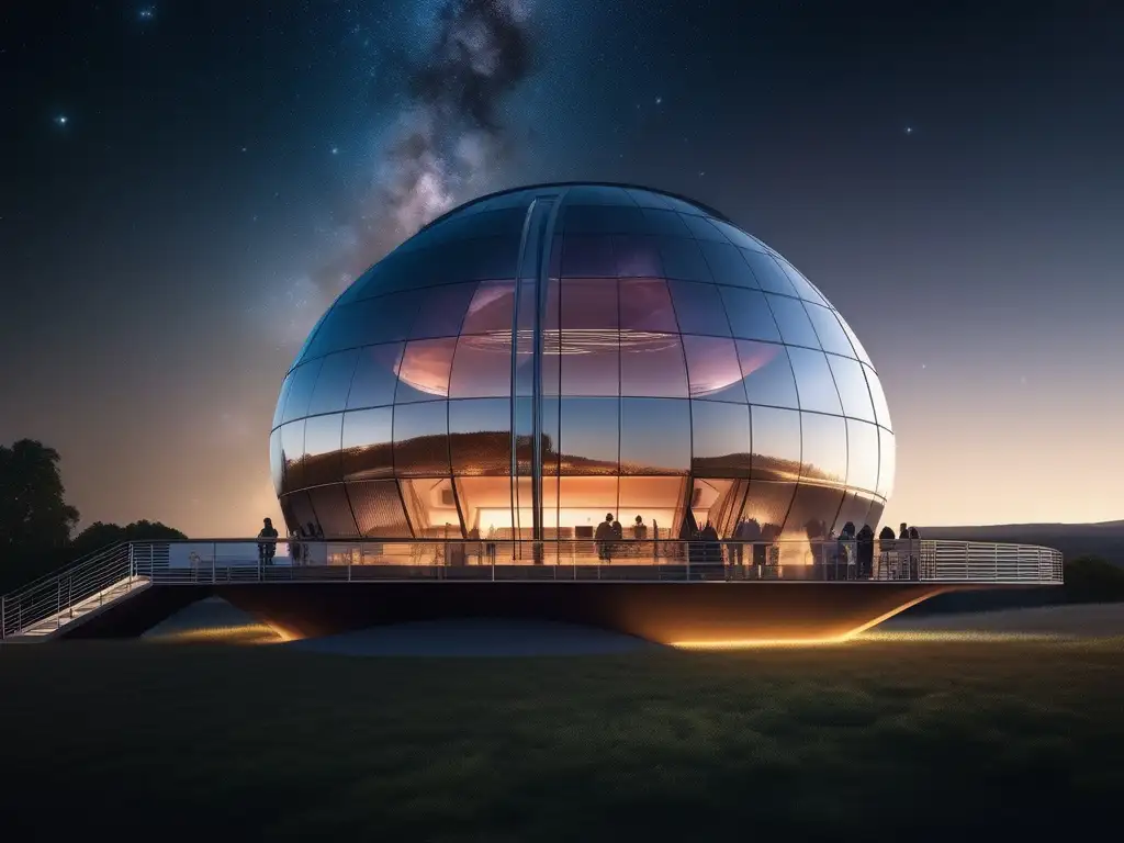 Observatorio moderno en un cielo estrellado Festival Astronómico ideal para ti: Observatorio moderno y elegante en un cielo estrellado, emocionados asistentes