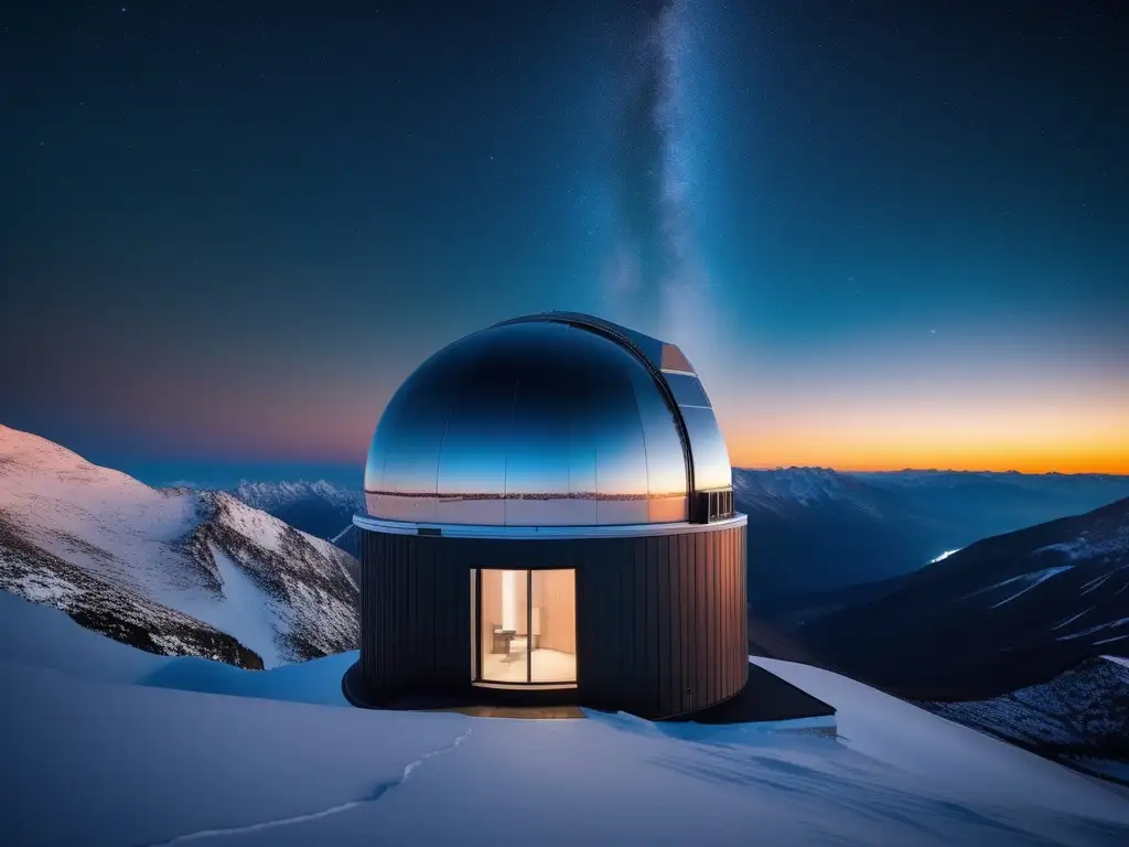 Observatorio moderno en noche estrellada Observatorio moderno en la noche, montañas nevadas y estrellas: conservación observación celestial turismo