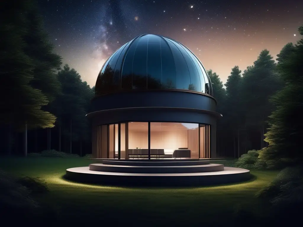 Observatorio moderno rodeado de estrellas Paisaje nocturno con observatorio moderno y estrellas