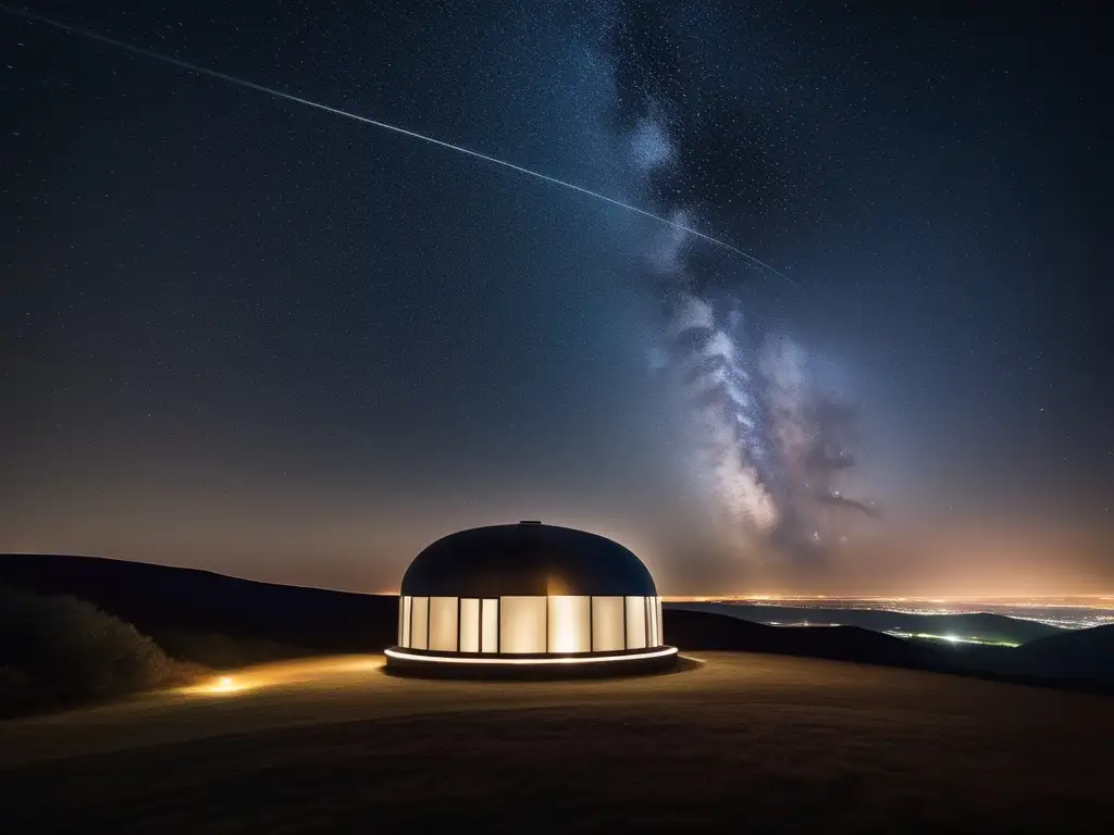Observatorio moderno en la noche estrellada Historia turismo astronómico: observación estelar, noche estrellada con la Vía Láctea y observatorio moderno