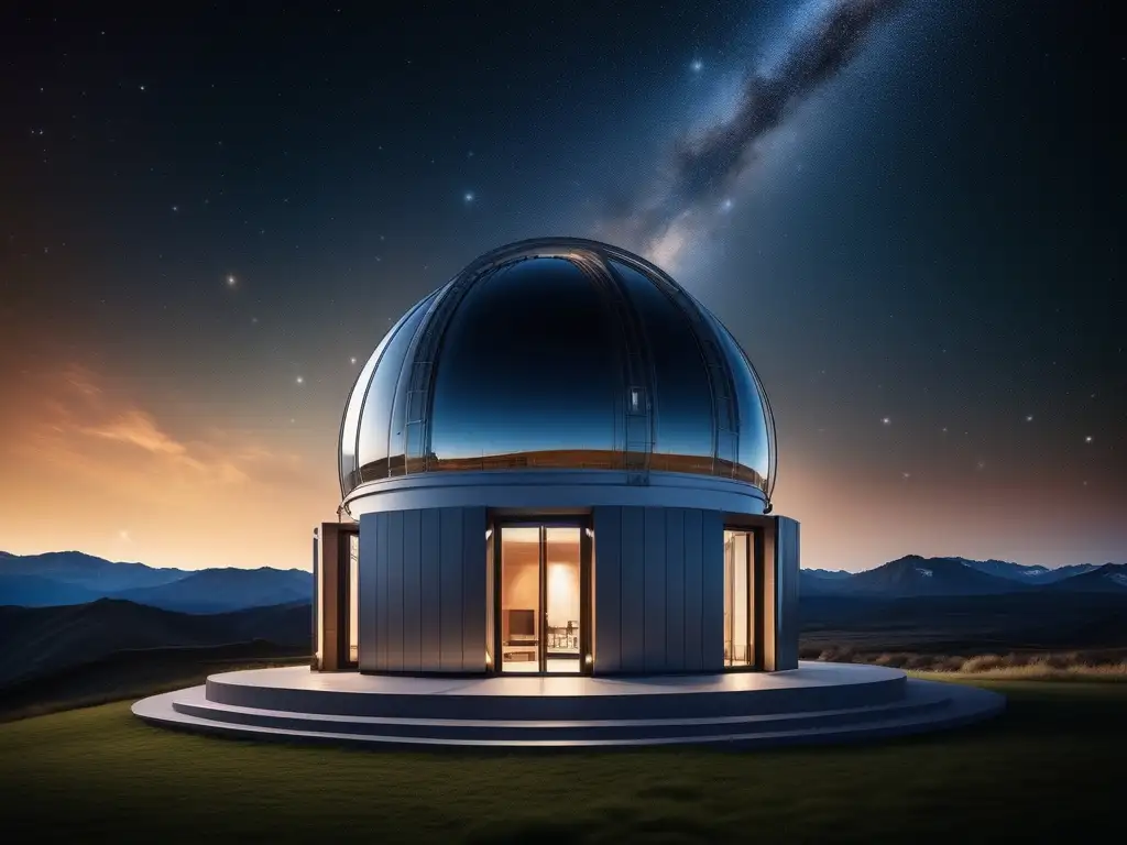 Observatorio moderno con estrellas Un observatorio moderno iluminado en la noche, rodeado por un cielo estrellado de 8k, invitando a un viaje fascinante a las estrellas