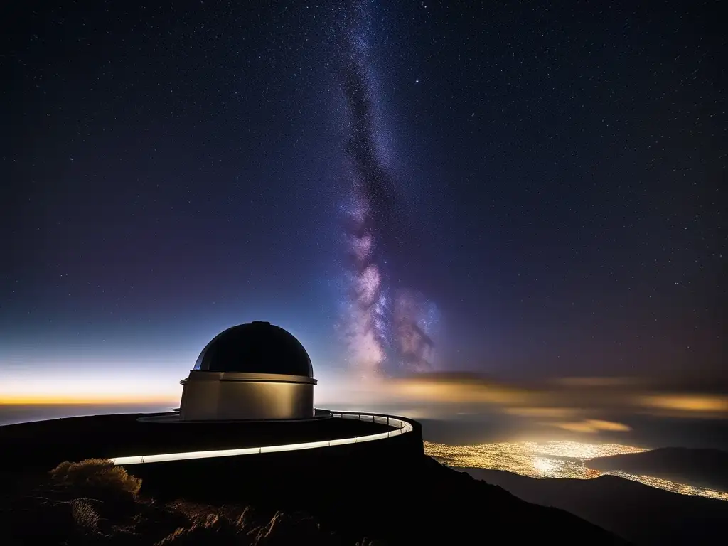 Observatorio del Roque de los Muchachos: Noche estrellada Consejos viajes astronómicos altura: Observatorio Roque Muchachos, cielo estrellado y silueta moderna