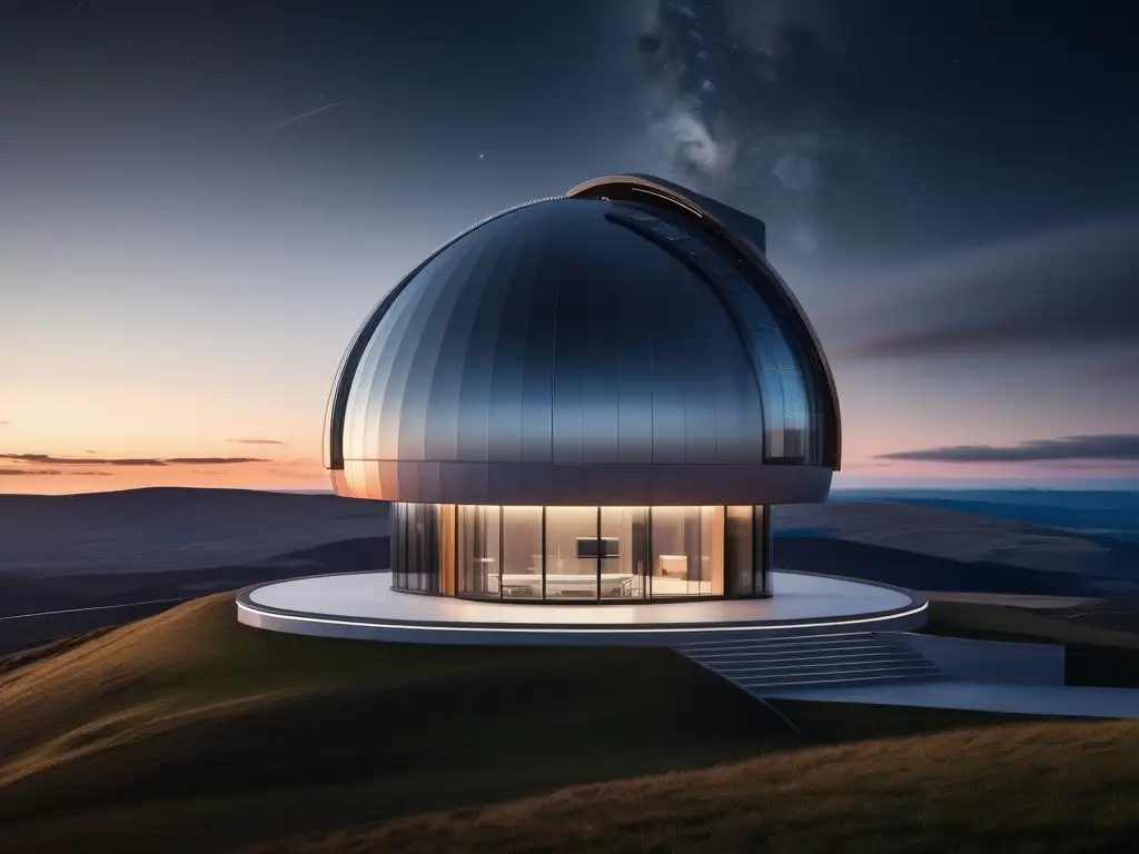 Observatorio moderno en colina, con telescopio Observación astronómica de planetas en observatorio moderno