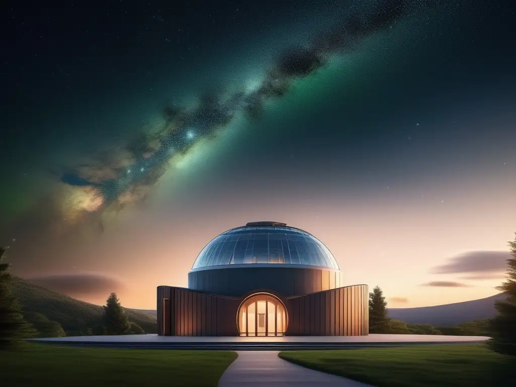 Observatorio futurista bajo un cielo estrellado Preparación niños turismo astronómico: Cielo estrellado, observatorio futurista, naturaleza serena, aprendizaje celestial