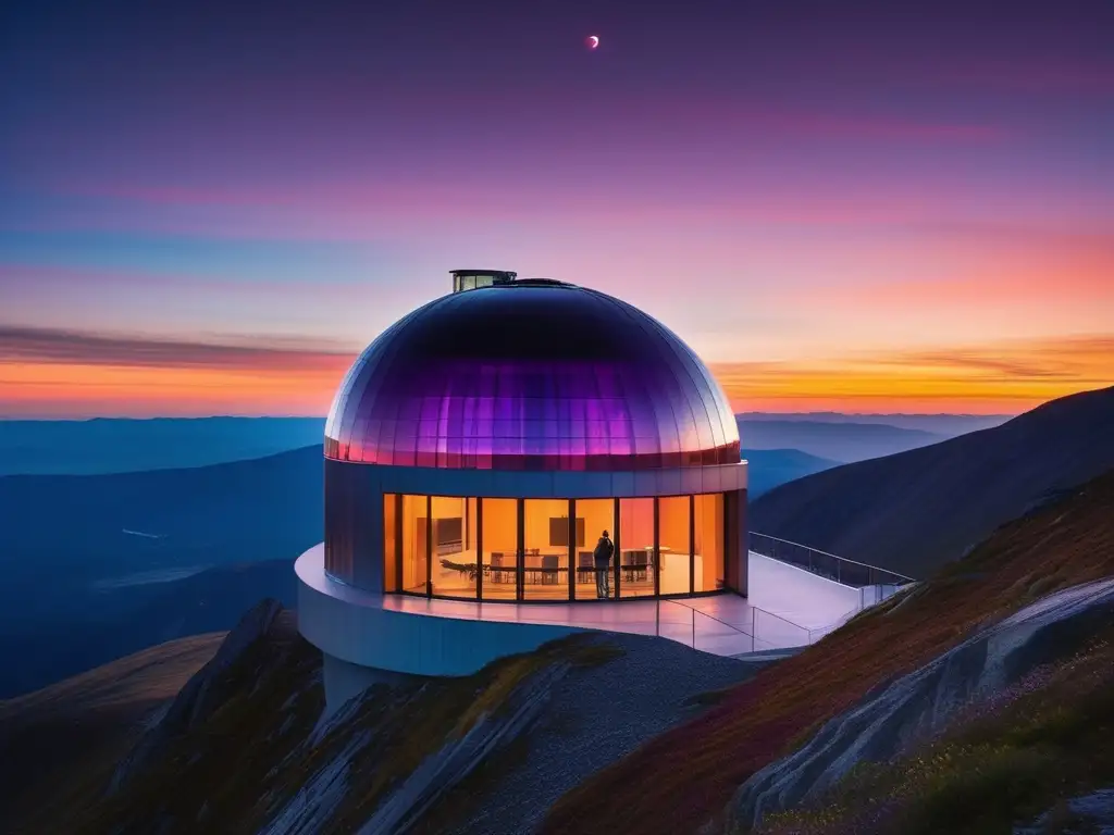 Observatorio moderno en la montaña Observatorio moderno en la montaña al atardecer: Clima espacial: predicciones y cursos