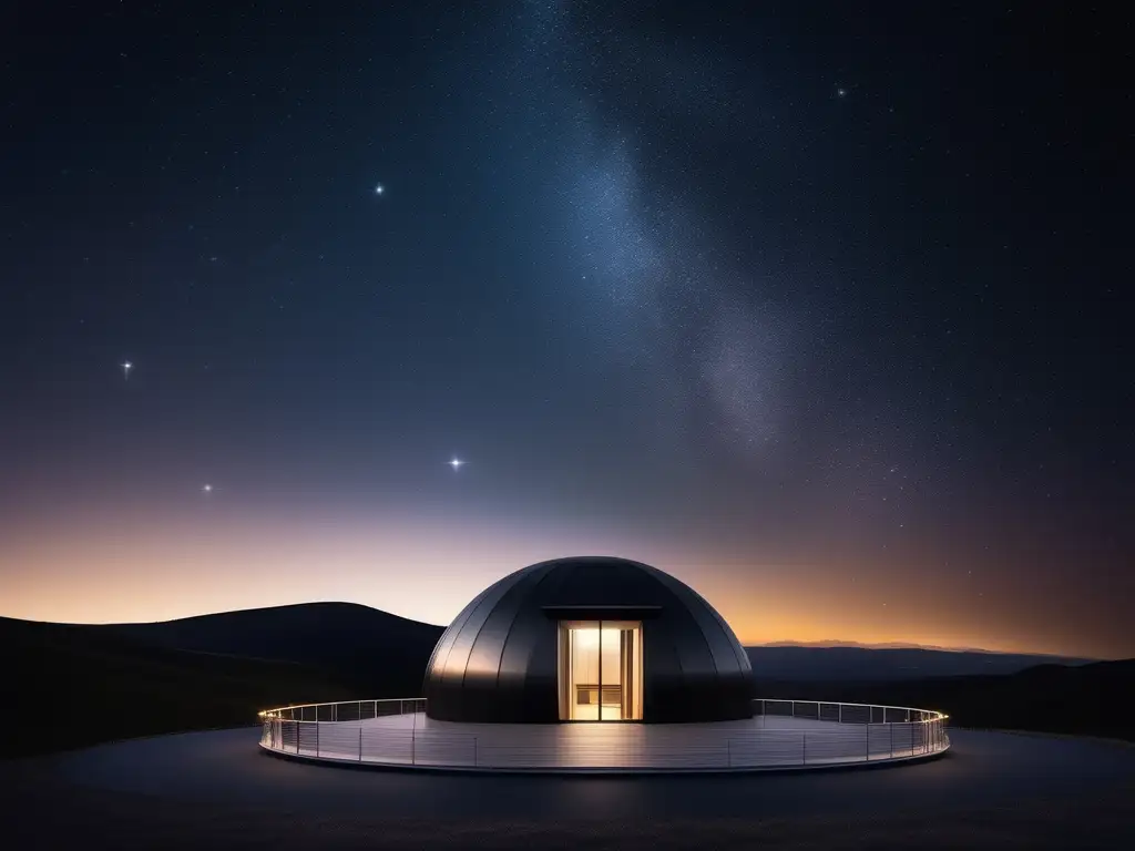 Observatorio moderno con estrellas brillantes Un observatorio moderno iluminado con estrellas y constelaciones, promoviendo el turismo astronómico sostenible