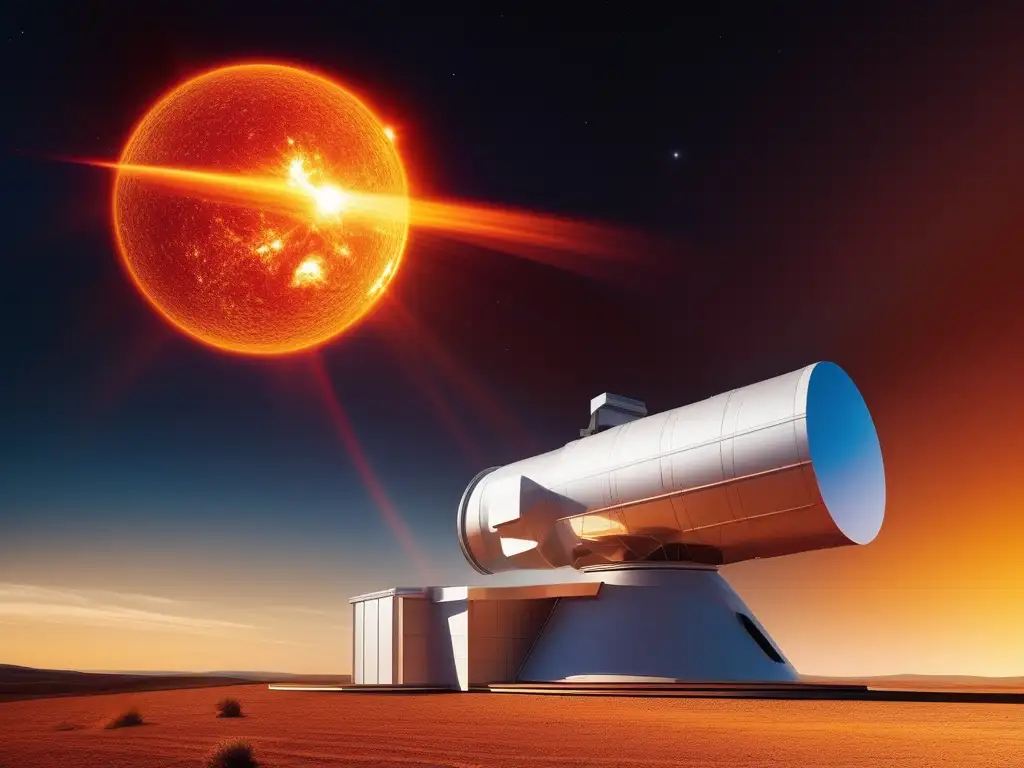 Observatorio espacial y llamarada solar vibrante Observatorio espacial: predicciones y cursos - Imagen impresionante de un observatorio moderno frente a una espectacular erupción solar