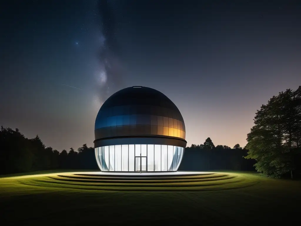 Observatorio Sonnenborgh: Serenidad estelar Observatorio Sonnenborgh en Países Bajos: Imagen nocturna de observatorio moderno rodeado de astrónomos y un cielo estrellado