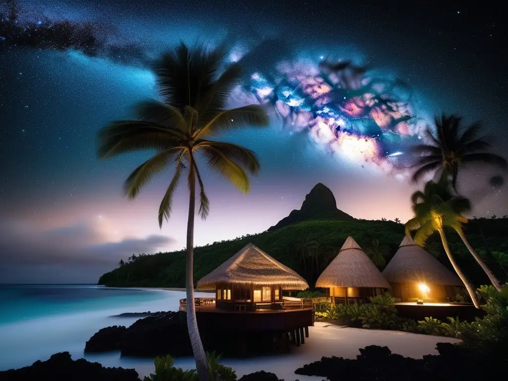 Noche estrellada en Polinesia Paisaje nocturno en Polinesia ancestral: Turismo astronómico en isla paradisíaca con observatorio y cielo estrellado