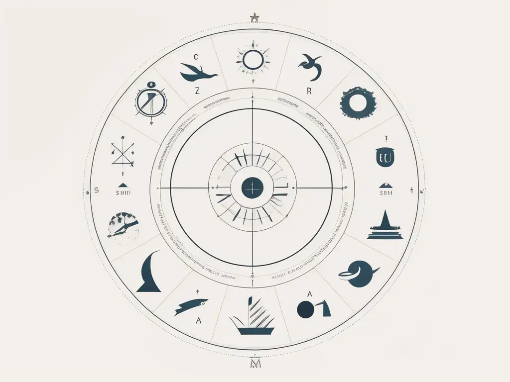 Zodíaco moderno y minimalista Influencia de tránsitos planetarios en astrología: diseño minimalista y moderno de los signos zodiacales en un patrón circular sobre fondo blanco