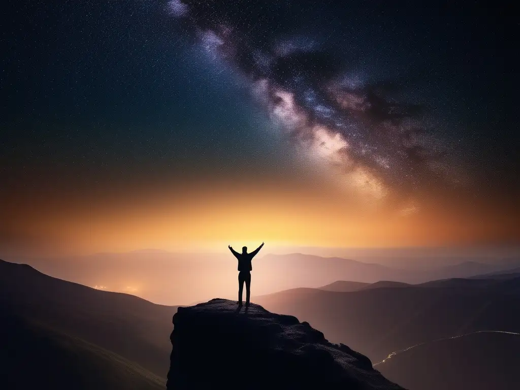 Persona conectando con el universo Fotografía impactante de una persona en un acantilado, bajo un cielo estrellado