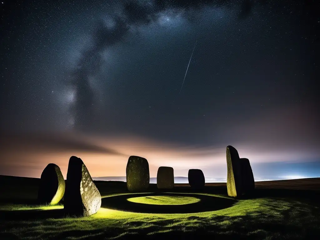 Círculo de piedra antiguo en la noche estrellada Turismo astronómico en círculos de piedra del Reino Unido: Una imagen hipnotizante que captura la esencia de los antiguos círculos de piedra