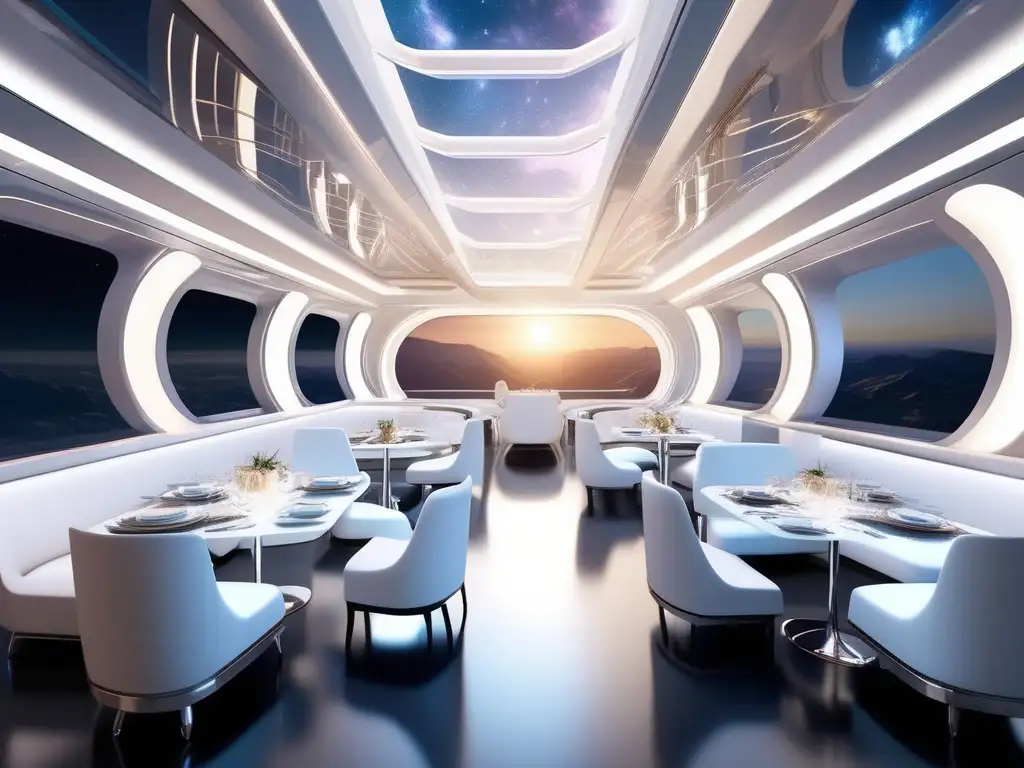 Restaurante espacial futurista con vistas galácticas Restaurante espacial futurista con diseño minimalista