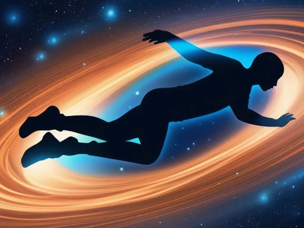 Silueta humana flotando en el espacio Impacto ingrávido: figura humana flotando en el espacio con aura azul, fondo galáctico