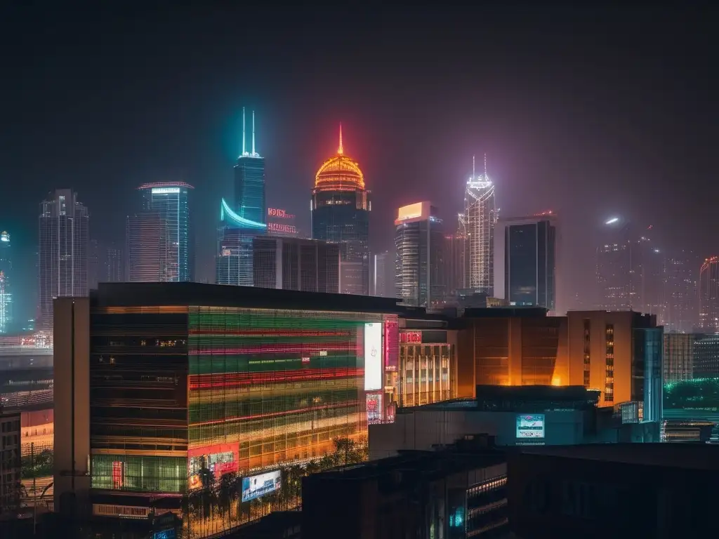 Skyline urbano iluminado excesivamente con publicidad y luces de neón Soluciones para la contaminación lumínica en ciudad nocturna