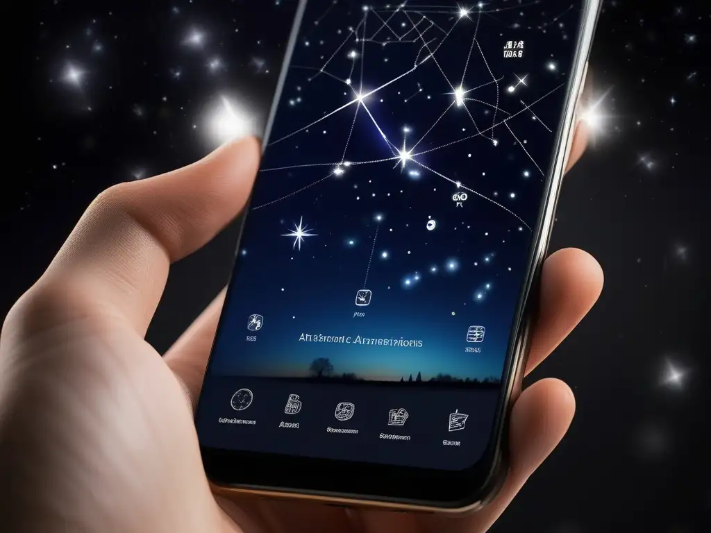 Smartphone astronómico con pantalla de estrellas Smartphone astronómico: beneficios de las apps para explorar el universo