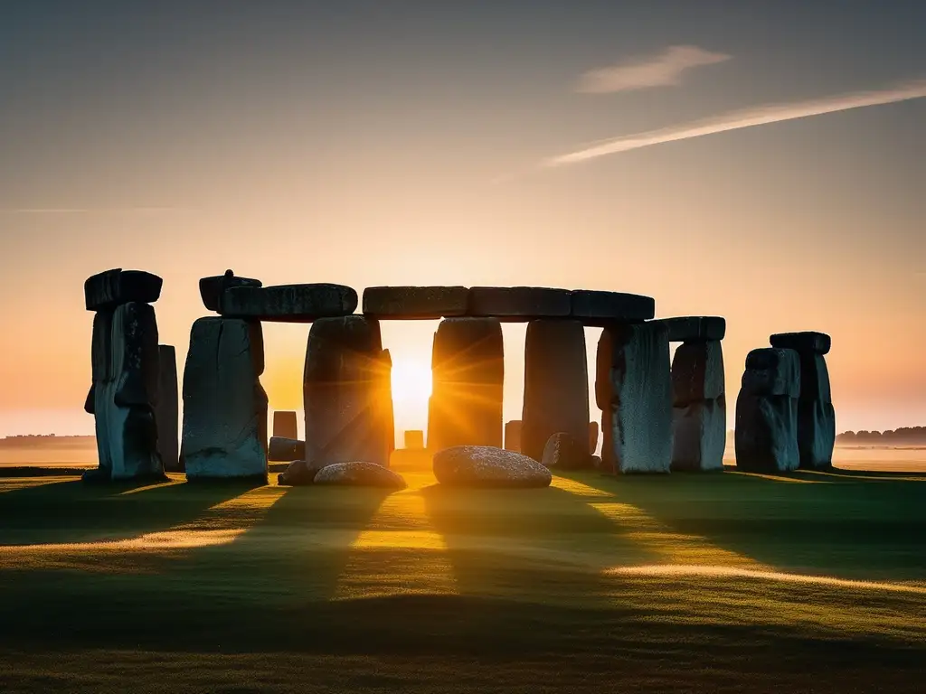 Stonehenge al amanecer Turismo astronómico en círculos de piedra del Reino Unido: Stonehenge al amanecer, con paisaje neblinoso y detalles en 8k
