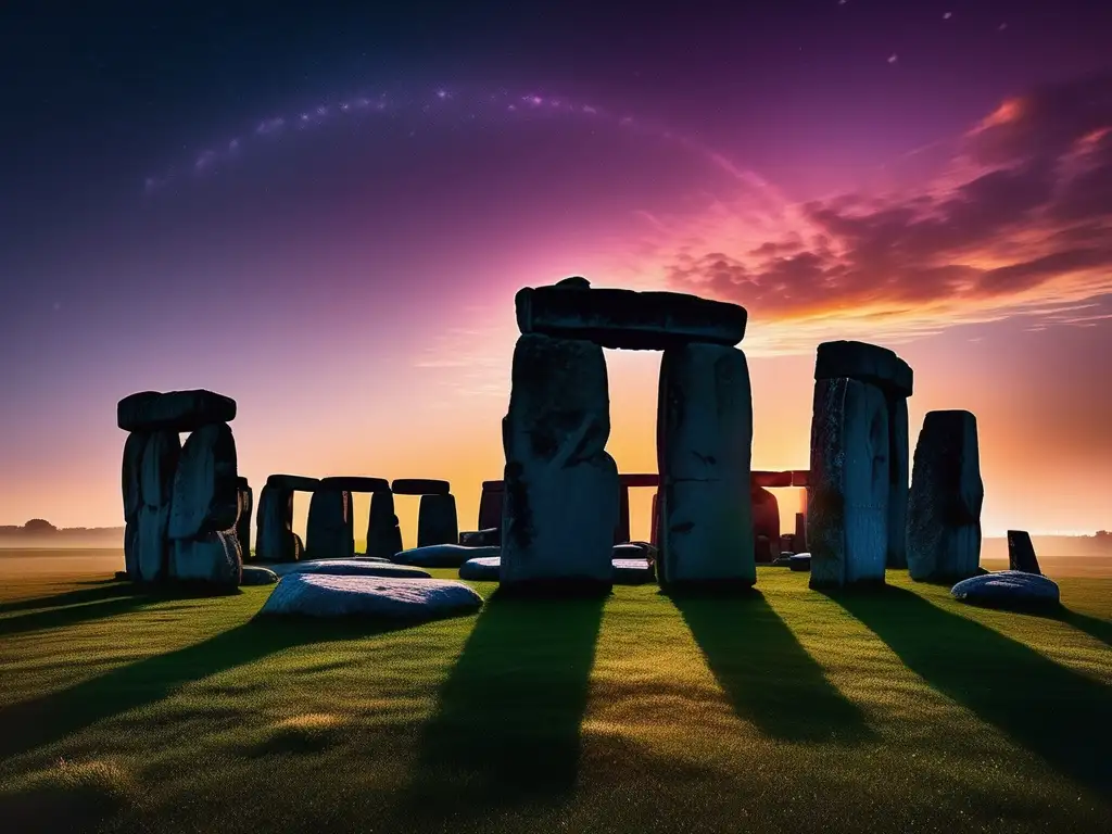 Majestuoso atardecer en Stonehenge Turismo astronómico en círculos de piedra del Reino Unido: Stonehenge atardecer, cielo vibrante con tonos púrpura, rosa y naranja