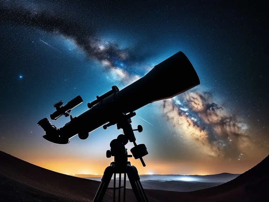 Telescopio solitario examina el cielo estrellado Consejos para viajes astronómicos de altura - Una imagen detallada de 8k muestra un cielo nocturno despejado, iluminando la pantalla