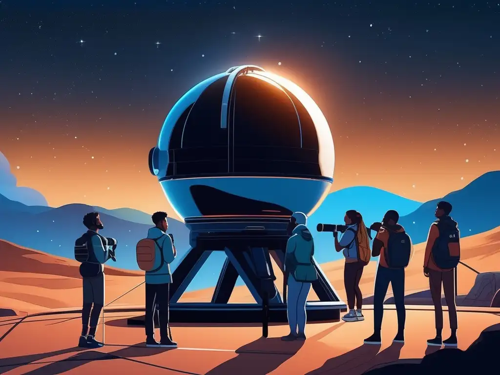 Grupo diverso observa el cielo estrellado Grupo diverso de personas observando el cosmos con un telescopio futurista - Programas educativos inclusivos turismo astronómico